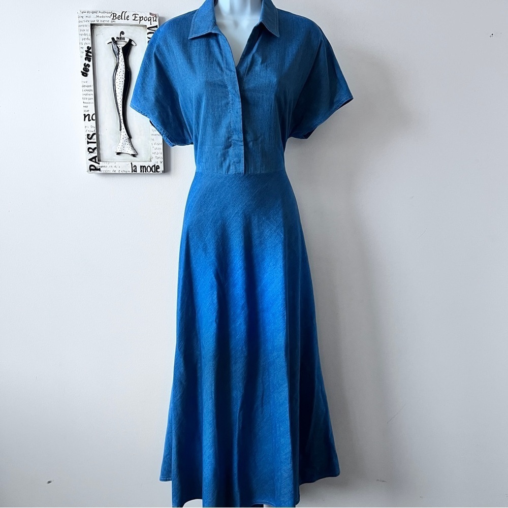 NWT AKRIS PUNTO Minimalist Washed Denim Midi Dress Cutout Kimono Sleeves Size 8